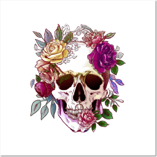 Floral skull watercolor painting style Wall Art by colorbyte